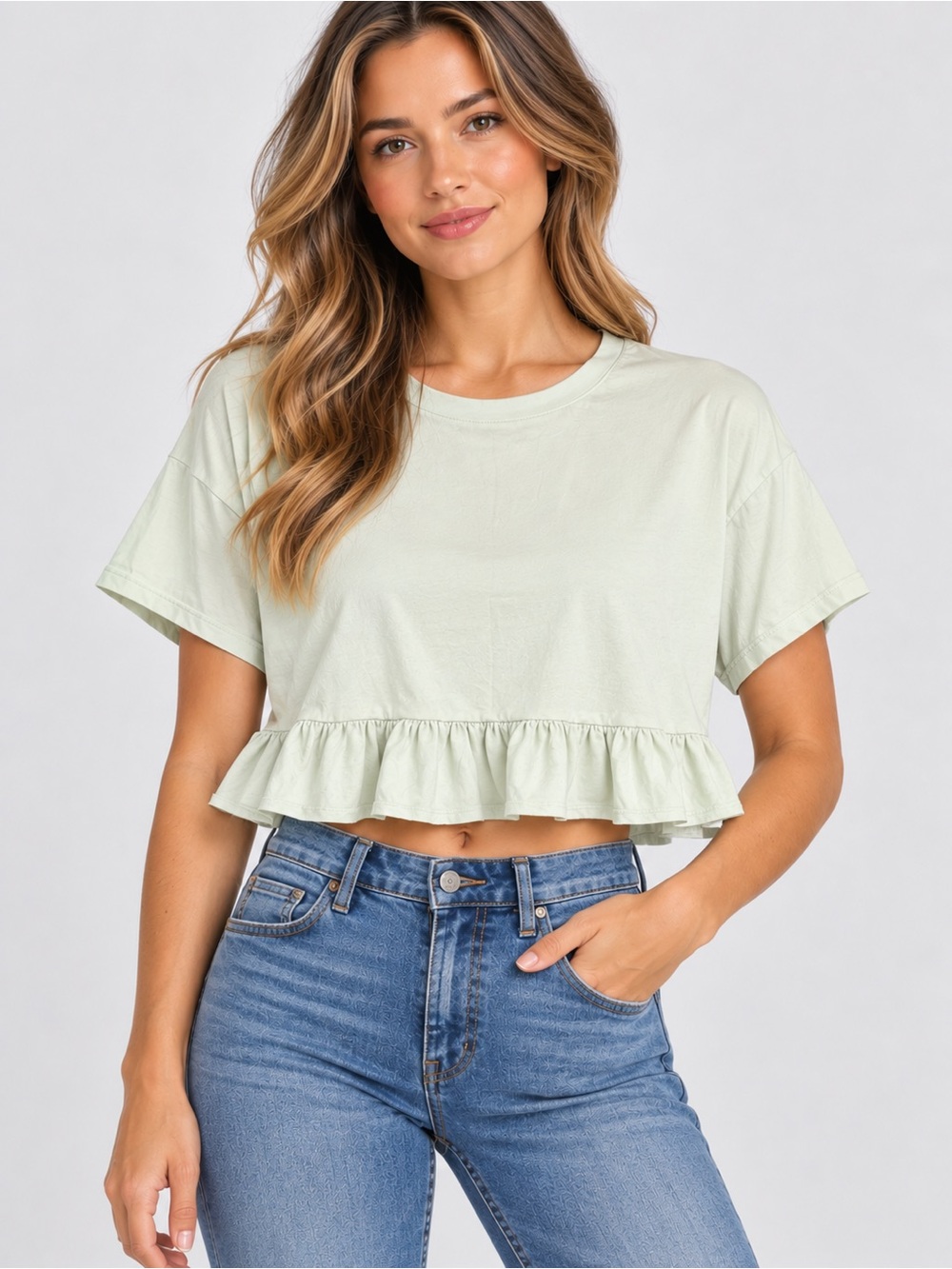 Wild Fable Women’s L Mint Green Cropped Ruffle Peplum Hem Crew Neck Knit Tee